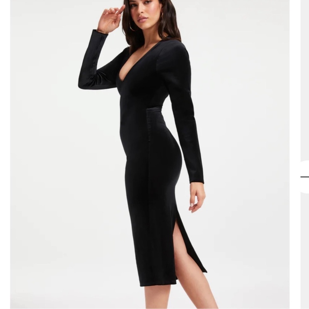 Good American Black V Neck Long Sleeve Velvet Velour Dress Womens 6 Back Slit